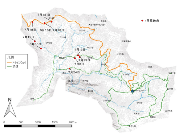 2018年7月24日大台ヶ原地区のツキノワグマ目撃位置の地図